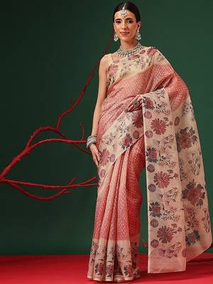 Peach printed tissue traditional saree with blouse piece 2