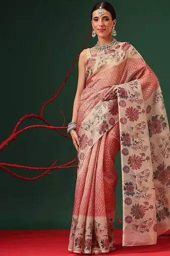 Peach printed tissue traditional saree with blouse piece