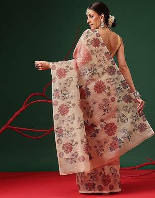 Peach printed tissue traditional saree with blouse piece 3