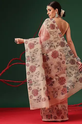 Peach printed tissue traditional saree with blouse piece