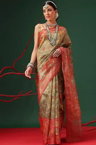 Green woven tissue party wear saree with blouse piece
