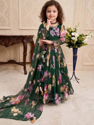 green heavy faux georgette  gown set with digital print work - designer party wear 2