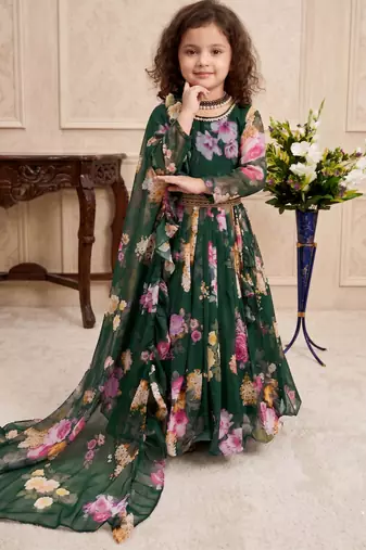green heavy faux georgette  gown set with digital print work - designer party wear