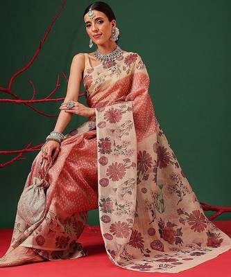 Peach printed tissue traditional saree with blouse piece 4