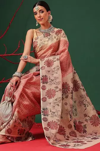 Peach printed tissue traditional saree with blouse piece