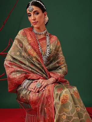 Green woven tissue party wear saree with blouse piece 2