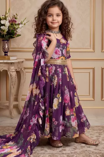 wine heavy faux georgette  gown set with digital print work - designer party wear