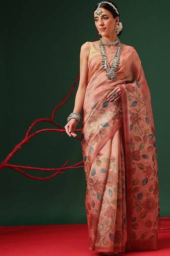 Peach printed tissue traditional saree with blouse piece