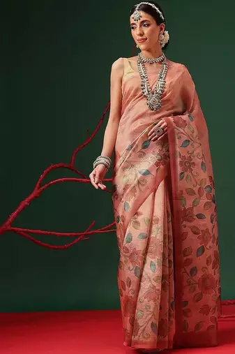 Peach printed tissue traditional saree with blouse piece