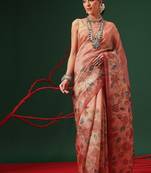 Peach printed tissue traditional saree with blouse piece