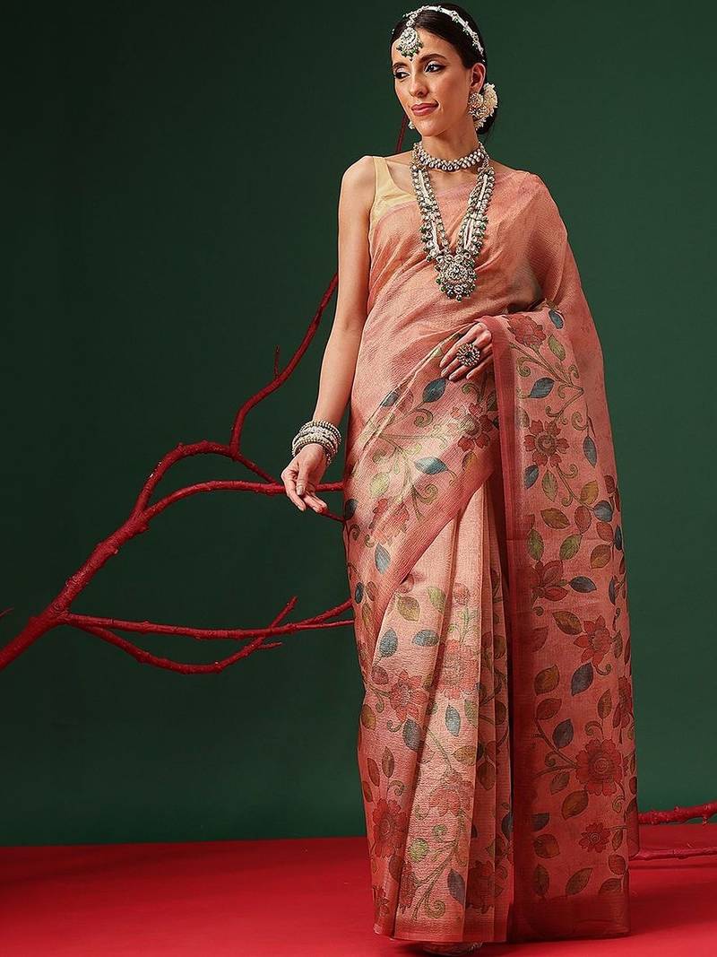 Peach printed tissue traditional saree with blouse piece