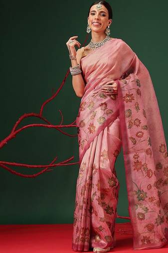 Pink printed tissue traditional saree with blouse piece