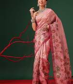 Pink printed tissue traditional saree with blouse piece