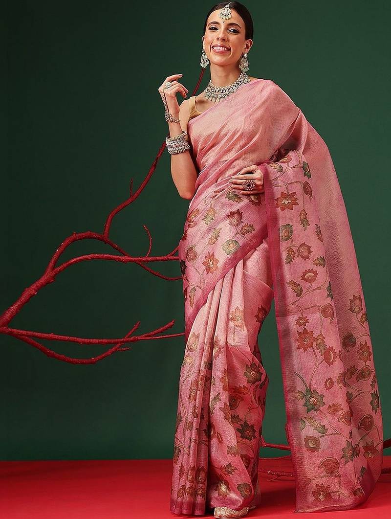 Pink printed tissue traditional saree with blouse piece