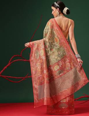 Green woven tissue party wear saree with blouse piece 3