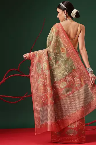 Green woven tissue party wear saree with blouse piece