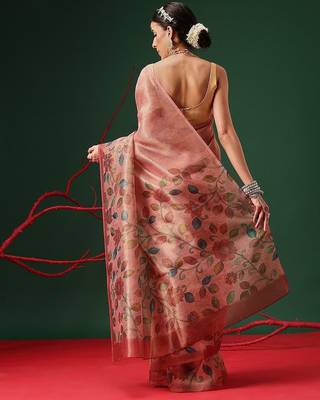 Peach printed tissue traditional saree with blouse piece 2