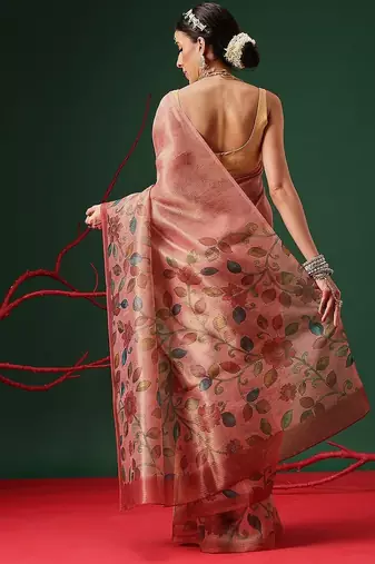 Peach printed tissue traditional saree with blouse piece