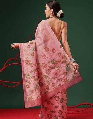 Pink printed tissue traditional saree with blouse piece 2