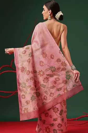Pink printed tissue traditional saree with blouse piece
