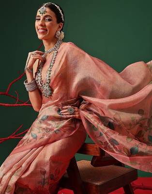 Peach printed tissue traditional saree with blouse piece 3