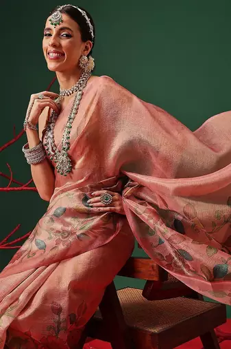 Peach printed tissue traditional saree with blouse piece