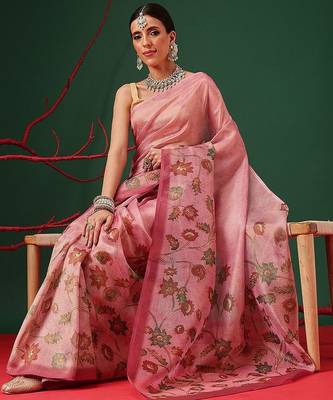 Pink printed tissue traditional saree with blouse piece 3