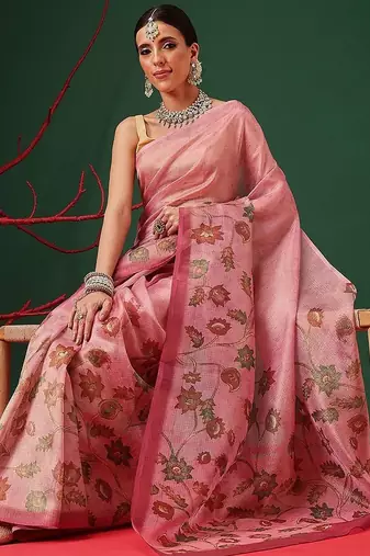 Pink printed tissue traditional saree with blouse piece