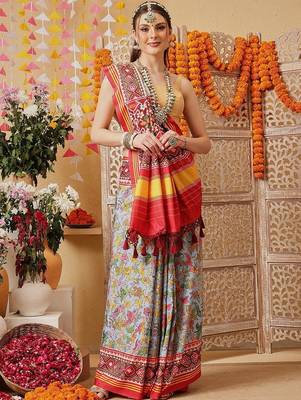 Blue printed silk cotton ethnic saree with blouse piece 1