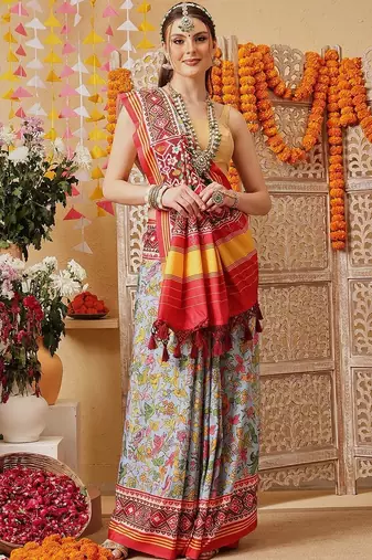 Blue printed silk cotton ethnic saree with blouse piece