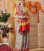 Blue printed silk cotton ethnic saree with blouse piece