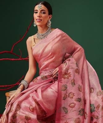 Pink printed tissue traditional saree with blouse piece 4