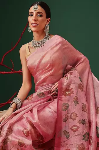 Pink printed tissue traditional saree with blouse piece