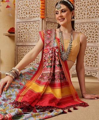 Blue printed silk cotton ethnic saree with blouse piece 2
