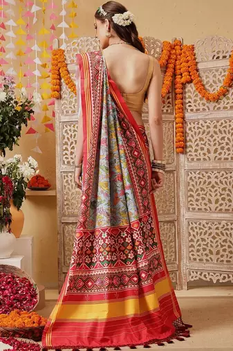 Blue printed silk cotton ethnic saree with blouse piece