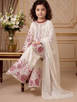 off white heavy chinon silk salwar suit set with embroidery sequence work - designer party wear 2