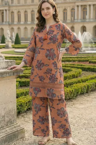 Rust Cotton Schiffli Schiffli Floral Printed co-ord Set Set of 2