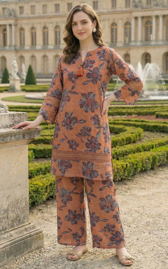 Rust Cotton Schiffli Schiffli Floral Printed co-ord Set Set of 2