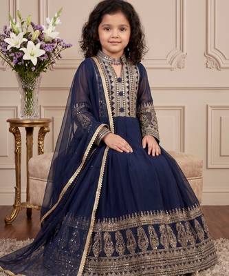 Navy blue heavy fox georgette gown set with embroidery sequence work - designer party wear 2