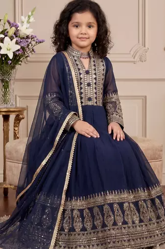 Navy blue heavy fox georgette gown set with embroidery sequence work - designer party wear