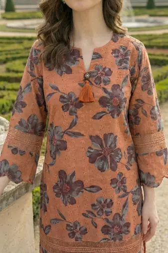 Rust Cotton Schiffli Schiffli Floral Printed co-ord Set Set of 2