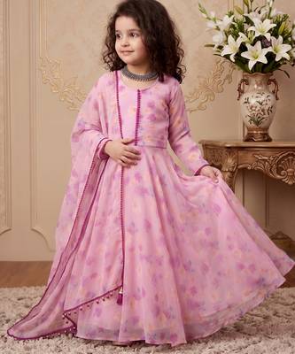 pink heavy fox georgette gown set with soft printed work with lace - designer party wear 2