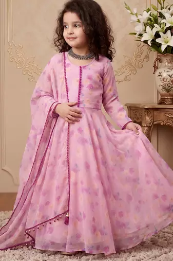 pink heavy fox georgette gown set with soft printed work with lace - designer party wear