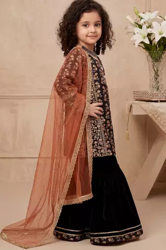 black heavy chinon with embroidery sequnece work with digital print work - designer party wear