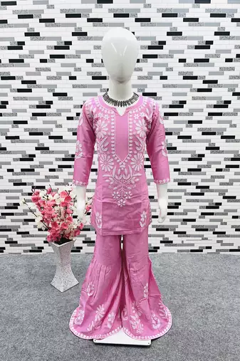 pink heavy rayon cotton ethnic wear set with embroidery work - designer party wear