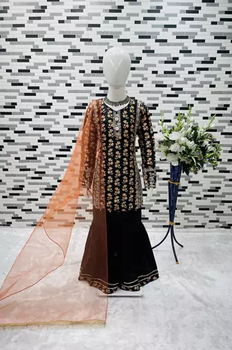 black heavy chinon with embroidery sequnece work with digital print work - designer party wear