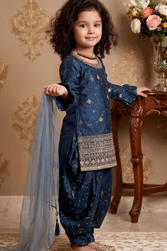 Navy blue heavy chinon silk salwar suit set with digital print work with embroidered sequence work