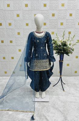 Navy blue heavy chinon silk salwar suit set with digital print work with embroidered sequence work 4