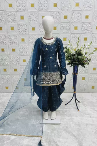 Navy blue heavy chinon silk salwar suit set with digital print work with embroidered sequence work