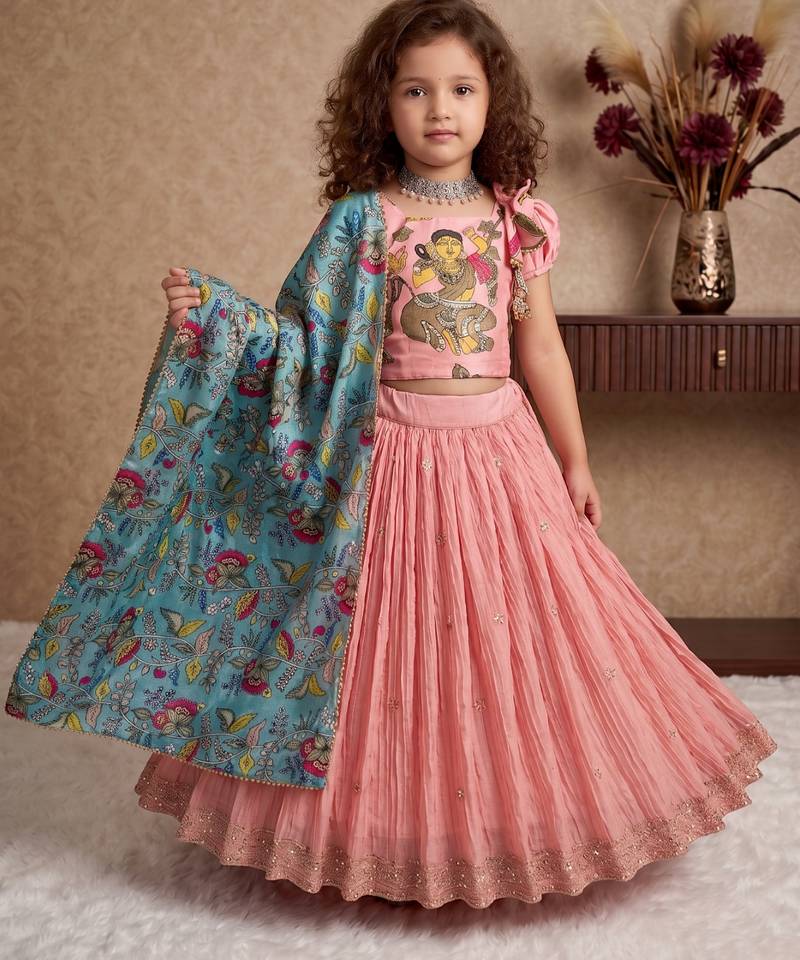 pink heavy chinon silk with soft printed work with dori - designer party wear
